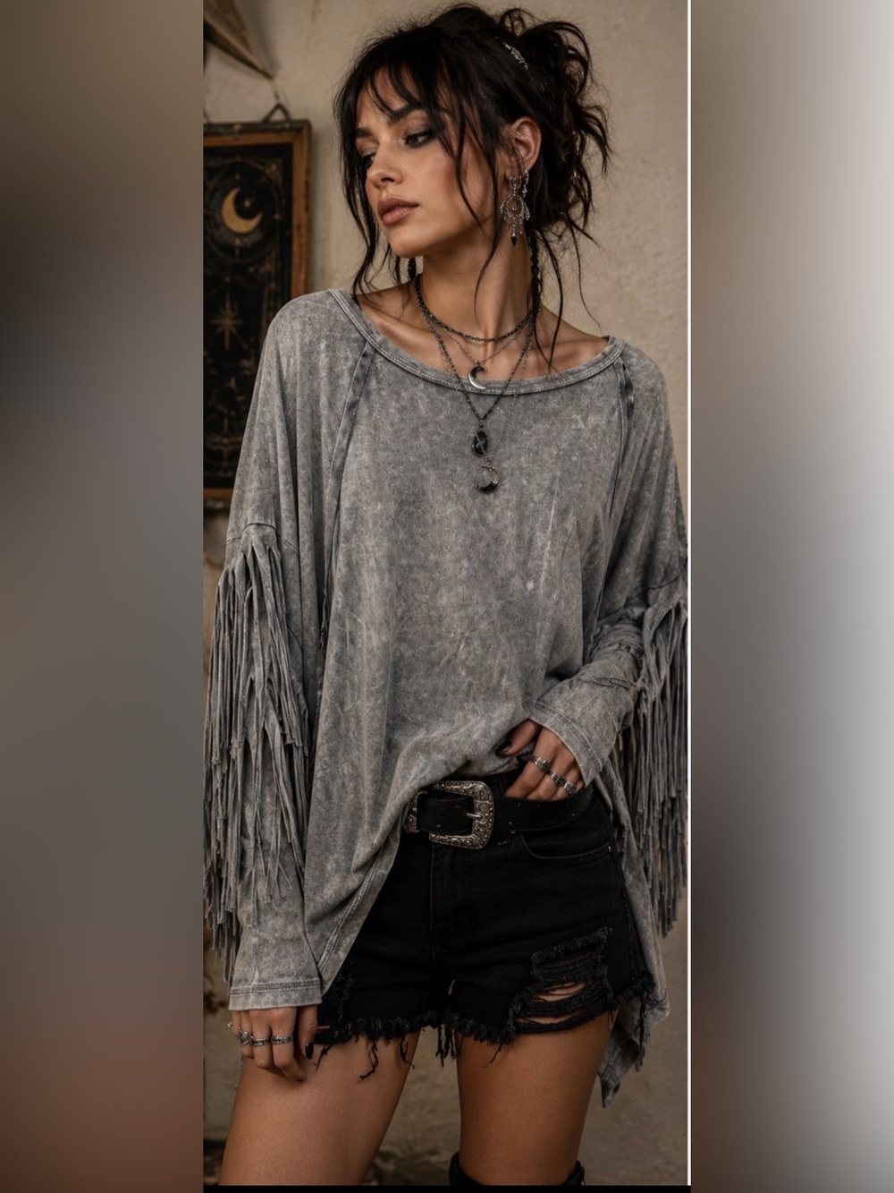 Blue Buttercup Heather Gray Fringe Sleeve Boho Knit Top